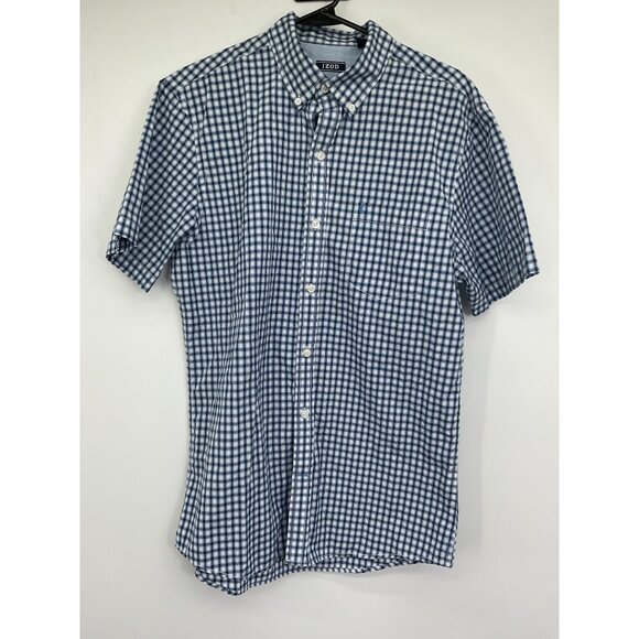 Izod Mens Medium Blue & White Checkered Short Sleeve Button-Down Shirt - Picture 1 of 8